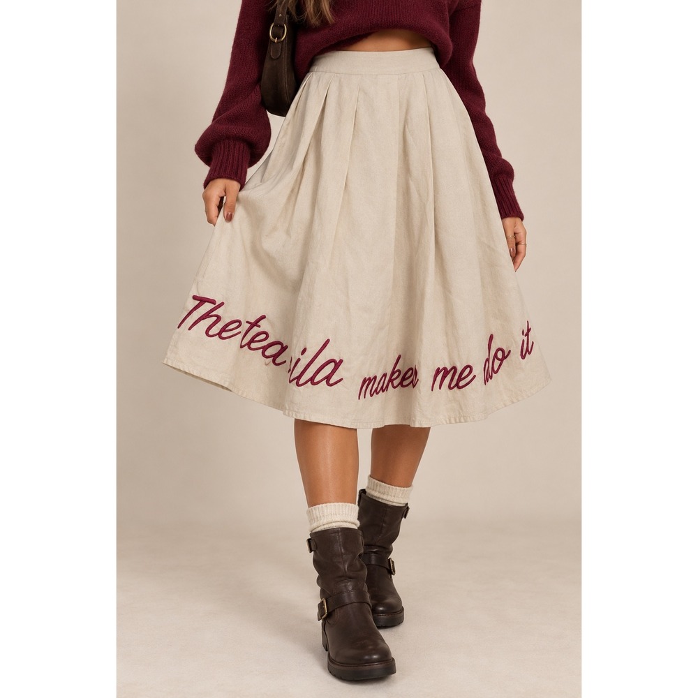 Anthropology Tequila Made Me Do It Pleated Linen Blend Midi Skirt Beige Size 2